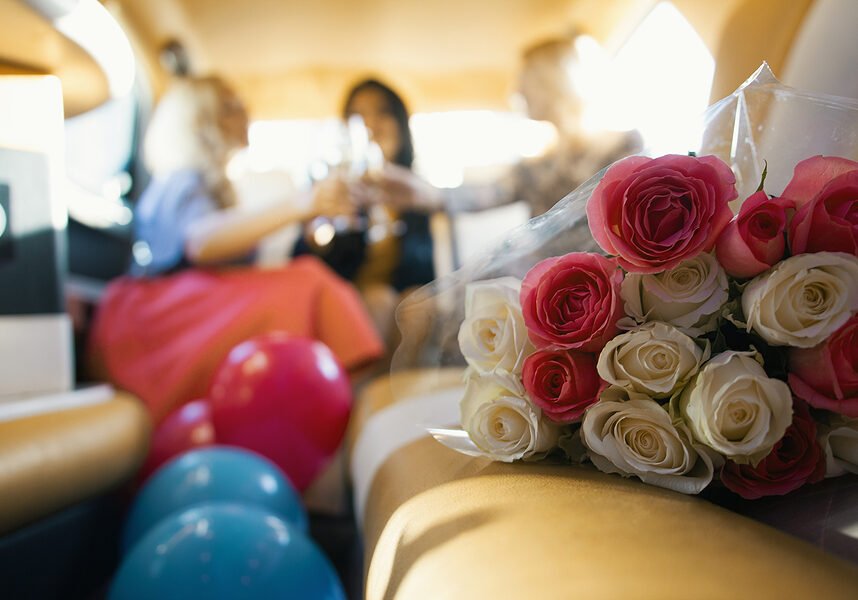 bouquet of flowers on the car seat